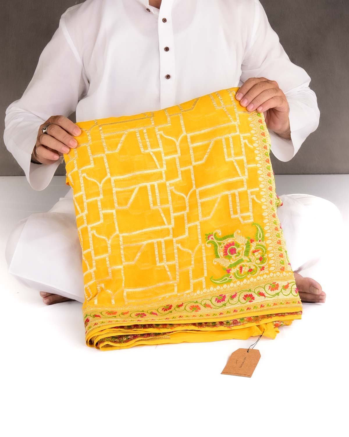 Marigold Yellow Gold Zari and Resham Meenekari Cutwork Brocade Handwoven Khaddi Georgette Banarasi Saree-HolyWeaves