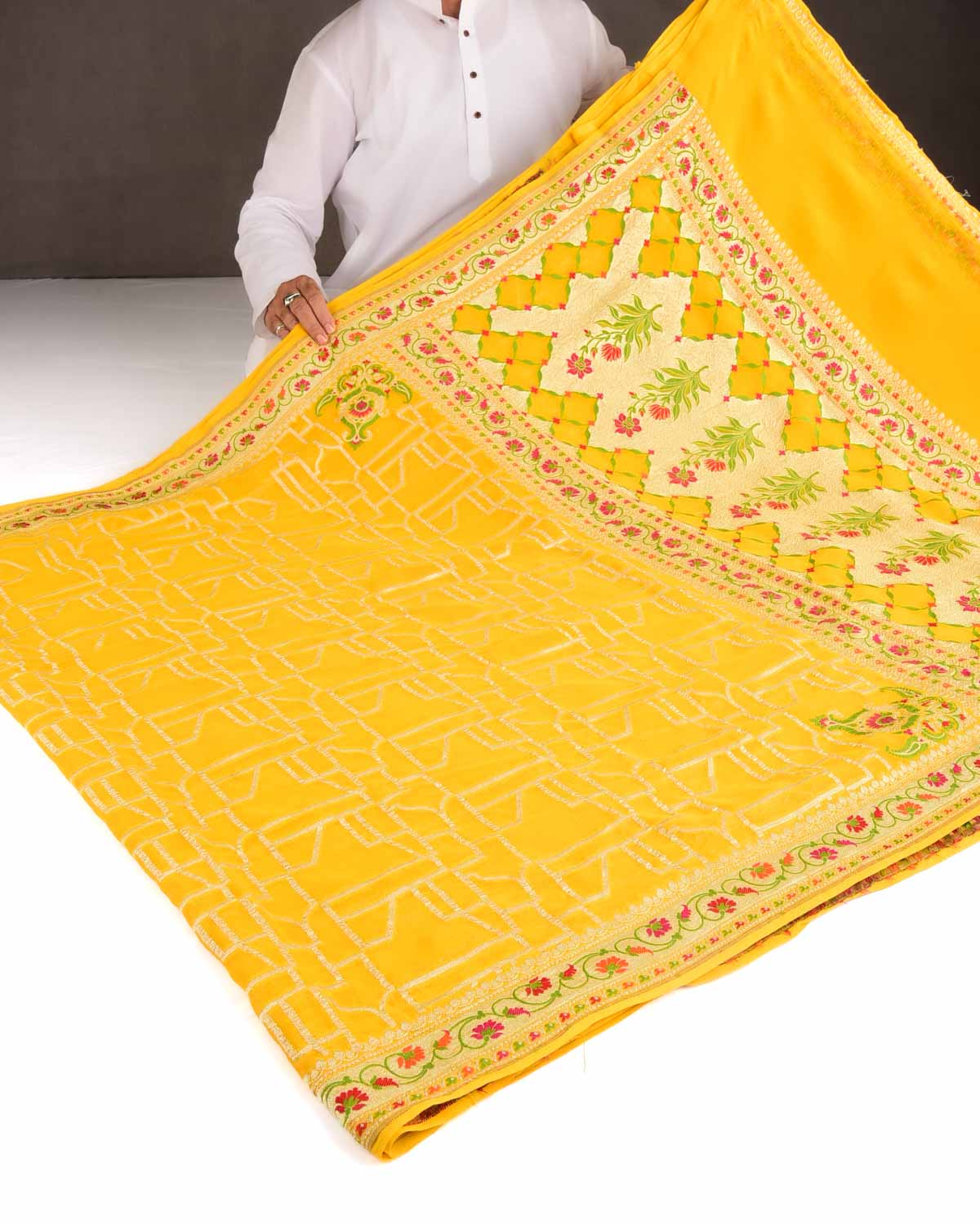 Marigold Yellow Gold Zari and Resham Meenekari Cutwork Brocade Handwoven Khaddi Georgette Banarasi Saree-HolyWeaves