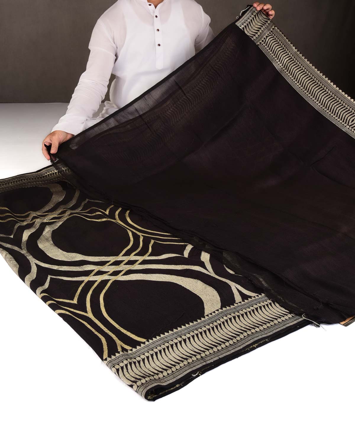 Black Gold & Silver Zari Contemporary Cutwork Brocade Handwoven Tasar Silk Banarasi Saree-HolyWeaves