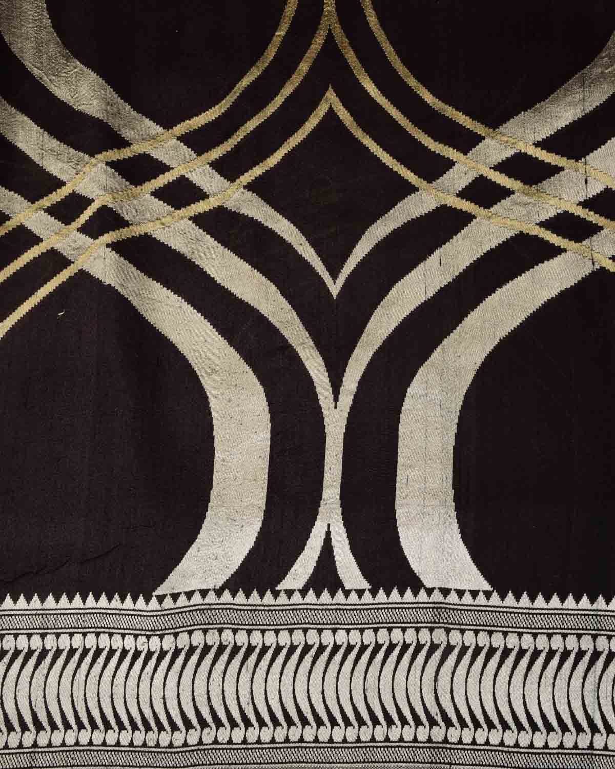 Black Gold & Silver Zari Contemporary Cutwork Brocade Handwoven Tasar Silk Banarasi Saree-HolyWeaves