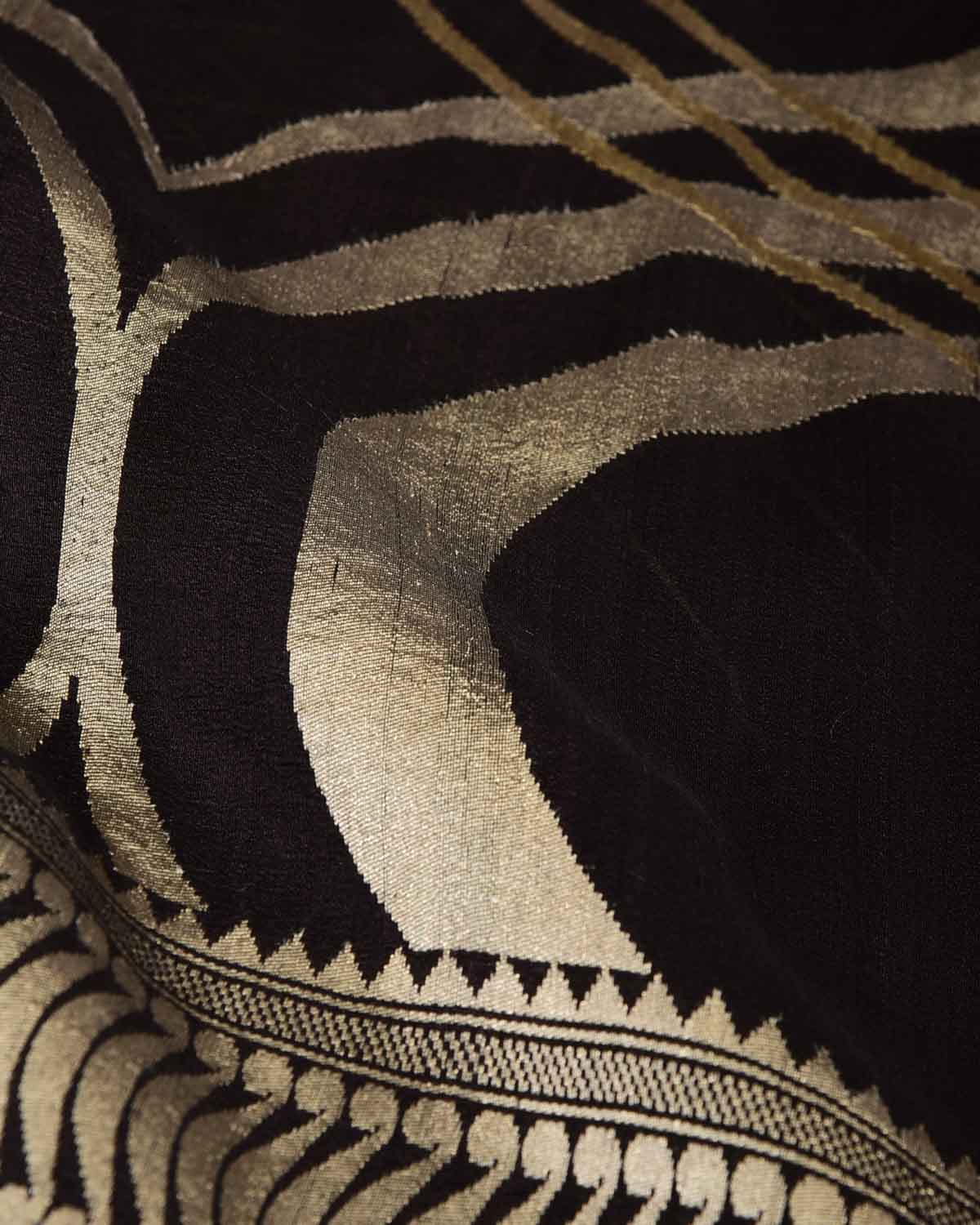 Black Gold & Silver Zari Contemporary Cutwork Brocade Handwoven Tasar Silk Banarasi Saree-HolyWeaves