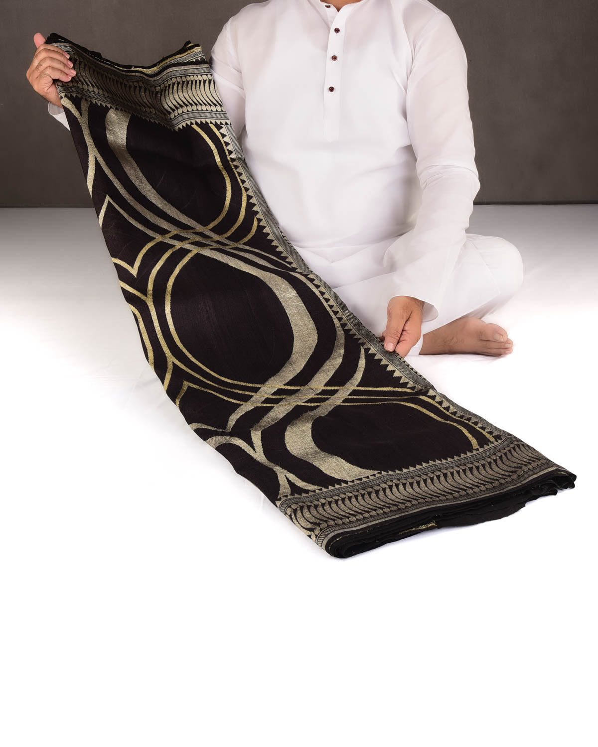 Black Gold & Silver Zari Contemporary Cutwork Brocade Handwoven Tasar Silk Banarasi Saree-HolyWeaves