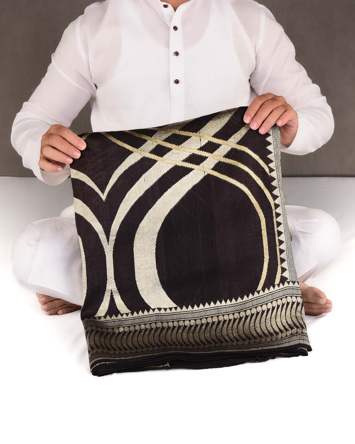 Black Gold & Silver Zari Contemporary Cutwork Brocade Handwoven Tasar Silk Banarasi Saree-HolyWeaves