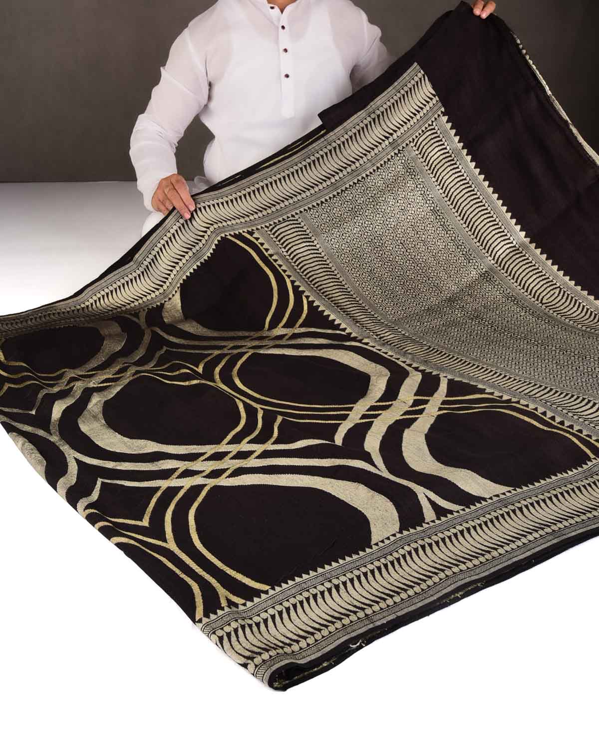 Black Gold & Silver Zari Contemporary Cutwork Brocade Handwoven Tasar Silk Banarasi Saree-HolyWeaves