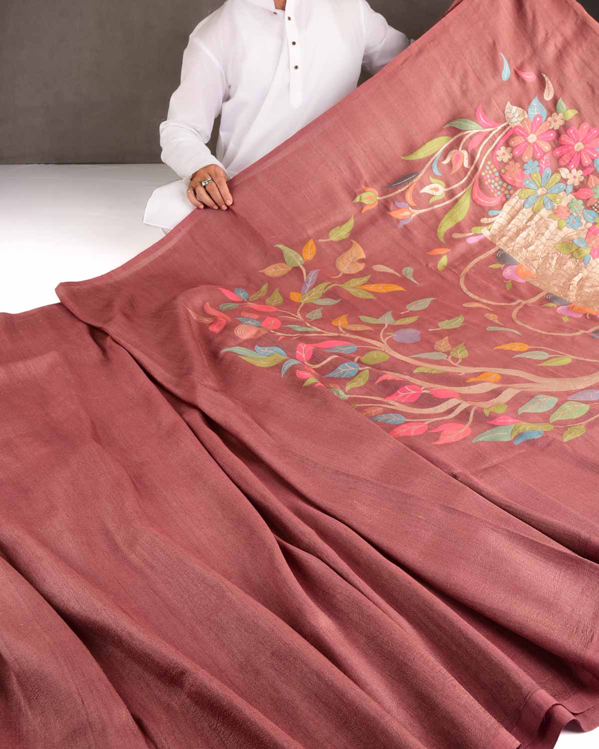 Brown Zari & Colored Leaves Palla Cutwork Brocade Handwoven Tasar Silk Banarasi Saree-HolyWeaves