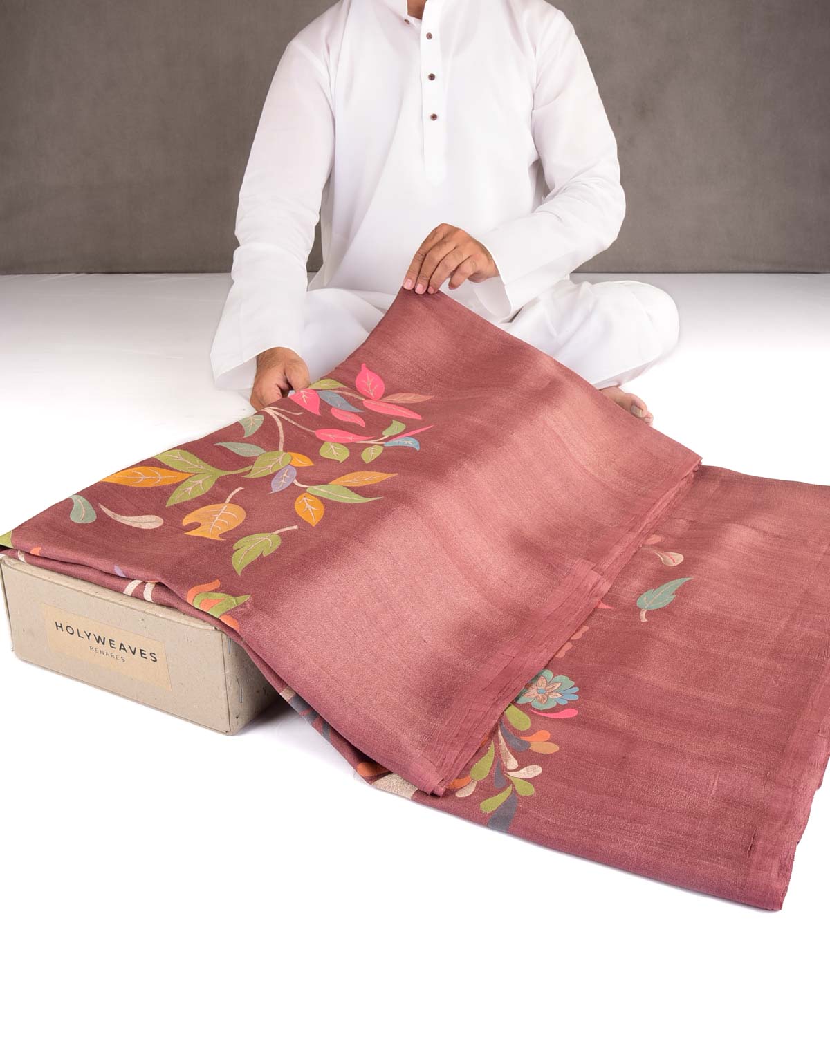 Brown Zari & Colored Leaves Palla Cutwork Brocade Handwoven Tasar Silk Banarasi Saree-HolyWeaves