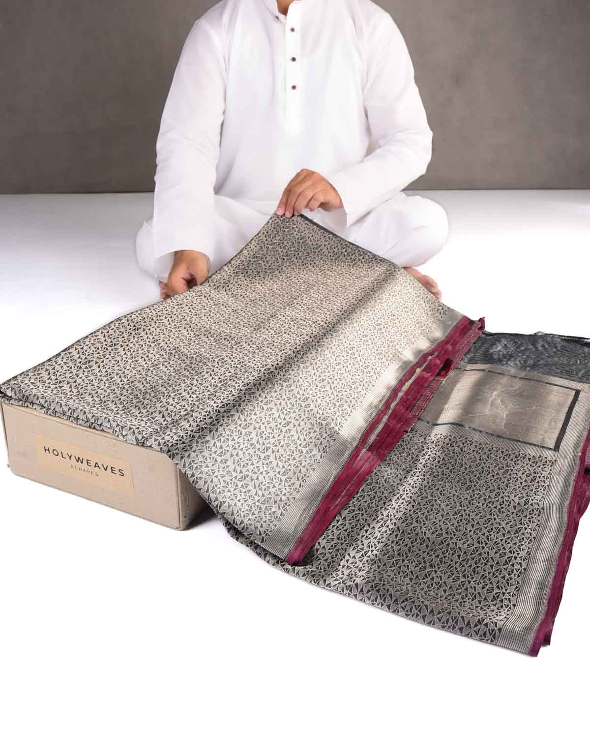 Black Abstract Triangles Geometric Brocade Handwoven Katan Silk Banarasi Saree