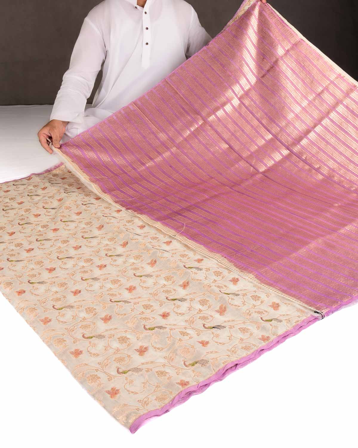 Ivory White Gold Zari Peacock Shikargah Hand Brush Dye Cutwork Brocade Woven Cotton Silk Banarasi Saree