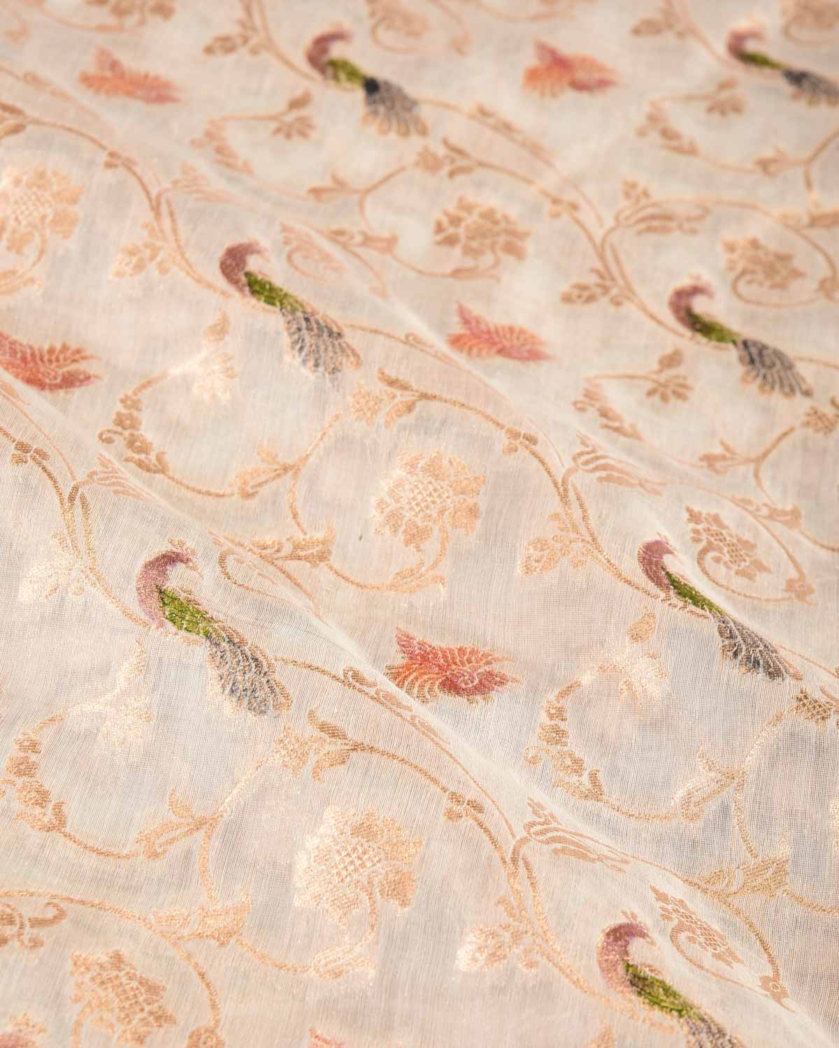 Ivory White Gold Zari Peacock Shikargah Hand Brush Dye Cutwork Brocade Woven Cotton Silk Banarasi Saree