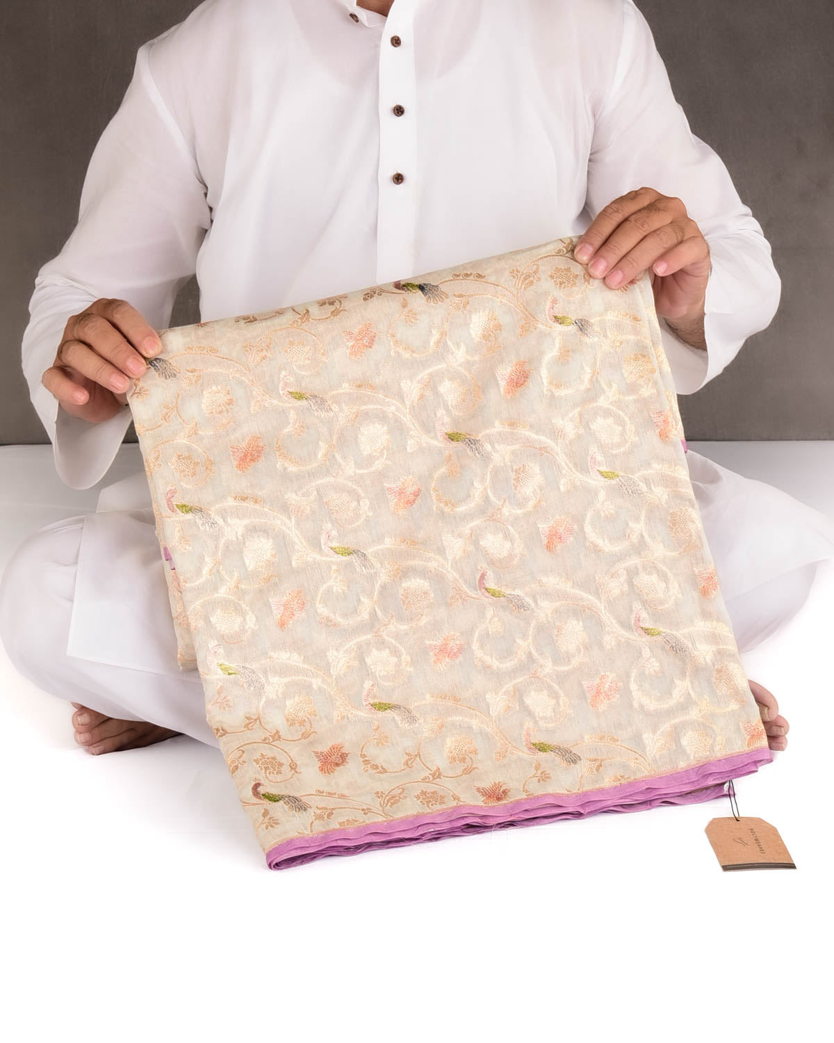 Ivory White Gold Zari Peacock Shikargah Hand Brush Dye Cutwork Brocade Woven Cotton Silk Banarasi Saree