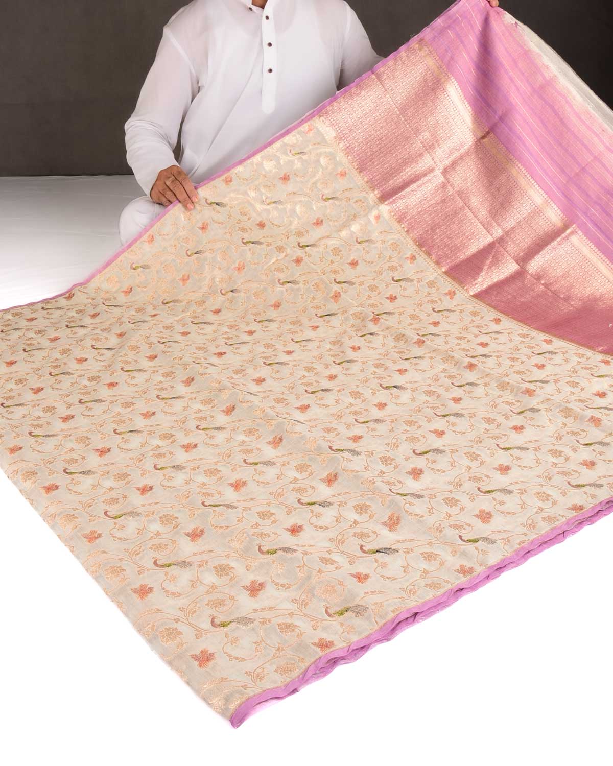Ivory White Gold Zari Peacock Shikargah Hand Brush Dye Cutwork Brocade Woven Cotton Silk Banarasi Saree
