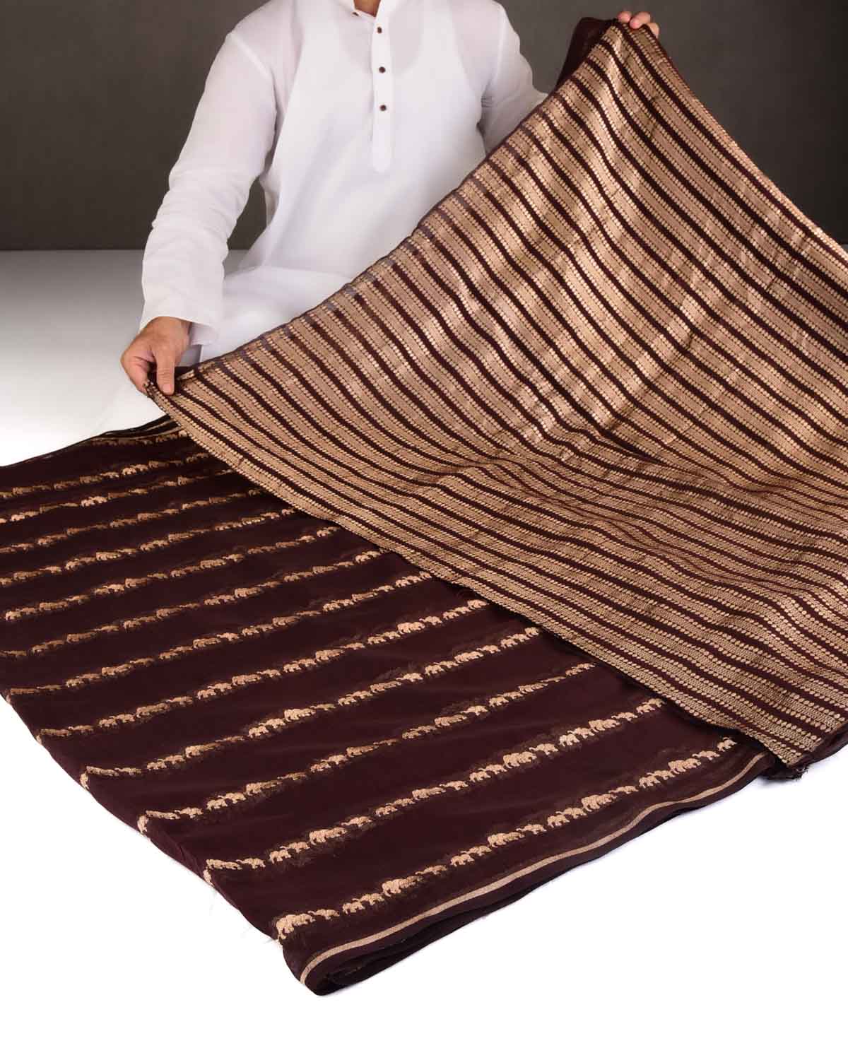 Chocolate Brown Gold Zari Elephants Herd Cutwork Brocade Woven Cotton Silk Banarasi Saree