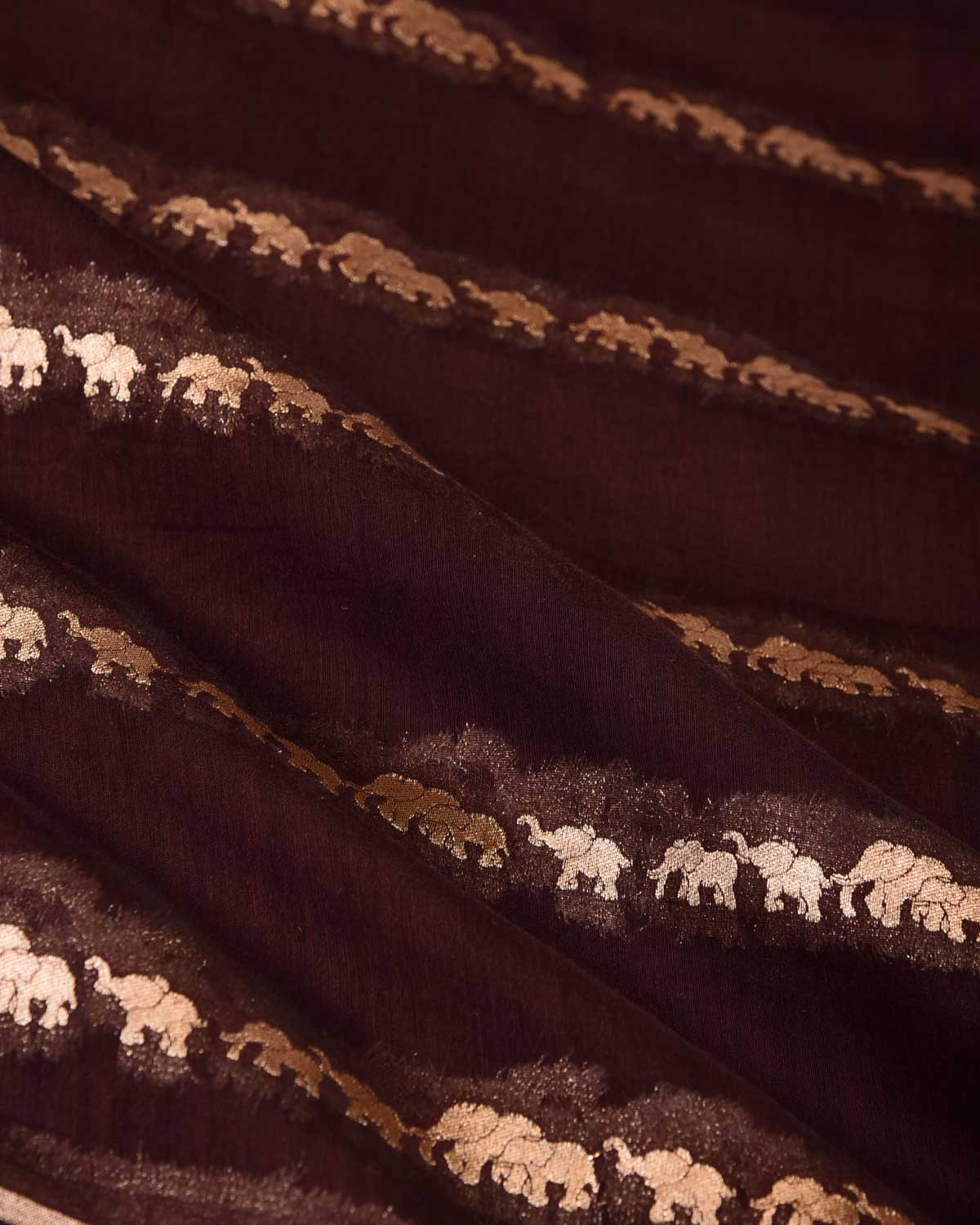 Chocolate Brown Gold Zari Elephants Herd Cutwork Brocade Woven Cotton Silk Banarasi Saree