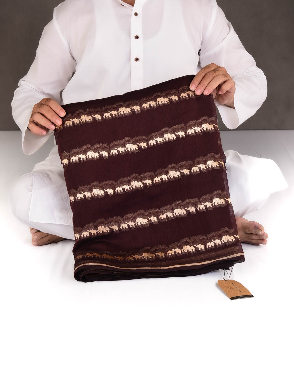 Chocolate Brown Gold Zari Elephants Herd Cutwork Brocade Woven Cotton Silk Banarasi Saree