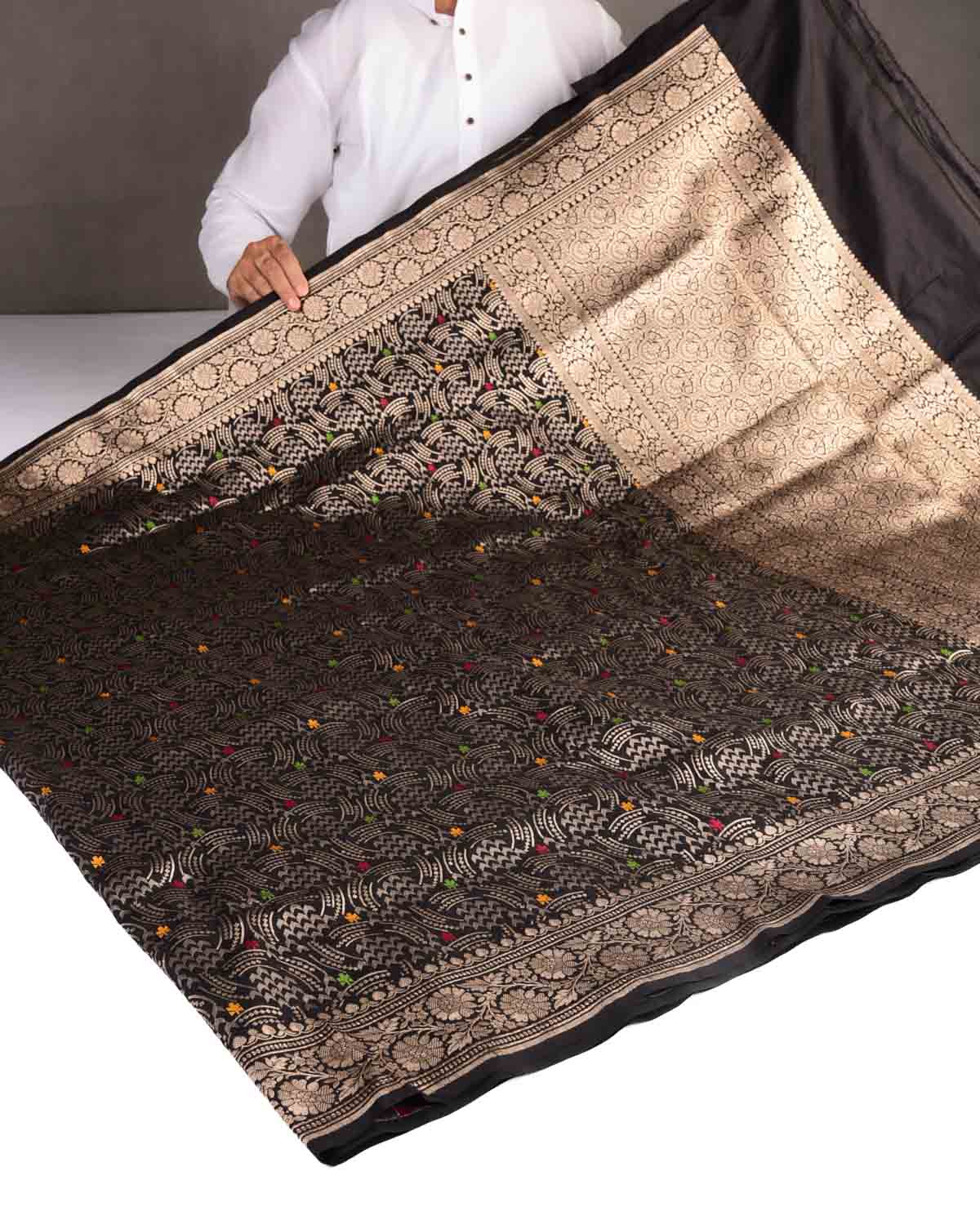 Black Gold Zari Abstract Geometric Cutwork Brocade Handwoven Katan Silk Banarasi Saree