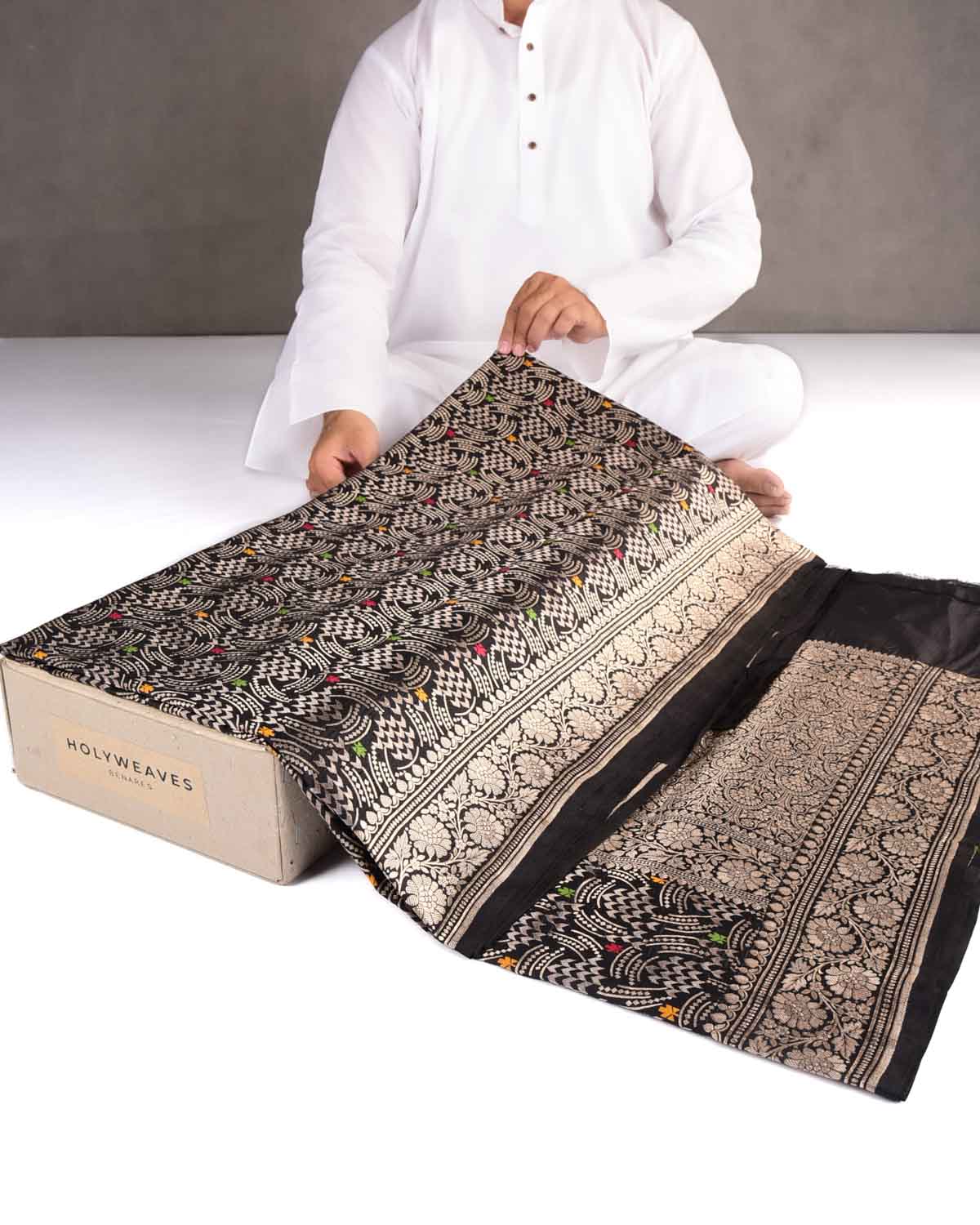 Black Gold Zari Abstract Geometric Cutwork Brocade Handwoven Katan Silk Banarasi Saree