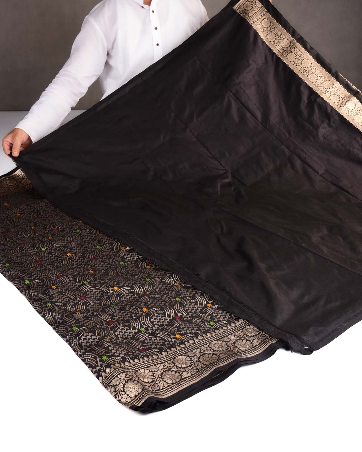 Black Gold Zari Abstract Geometric Cutwork Brocade Handwoven Katan Silk Banarasi Saree