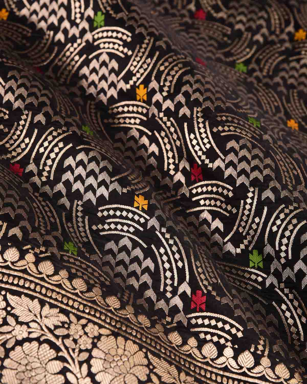 Black Gold Zari Abstract Geometric Cutwork Brocade Handwoven Katan Silk Banarasi Saree