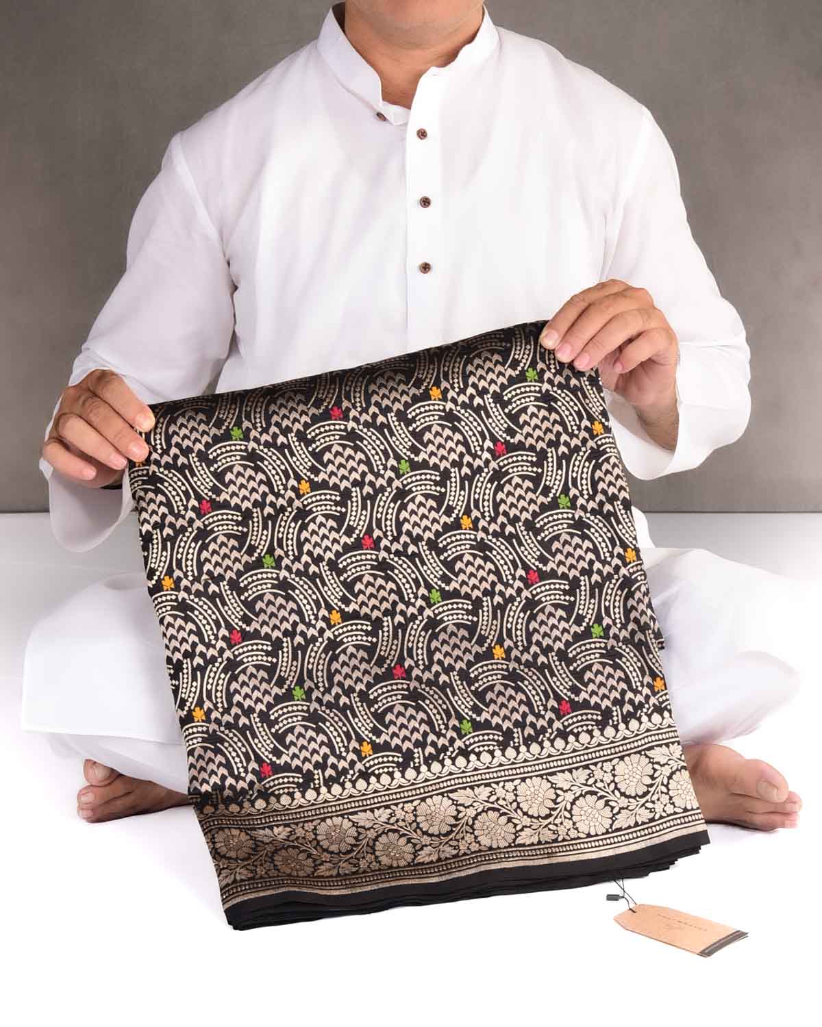 Black Gold Zari Abstract Geometric Cutwork Brocade Handwoven Katan Silk Banarasi Saree