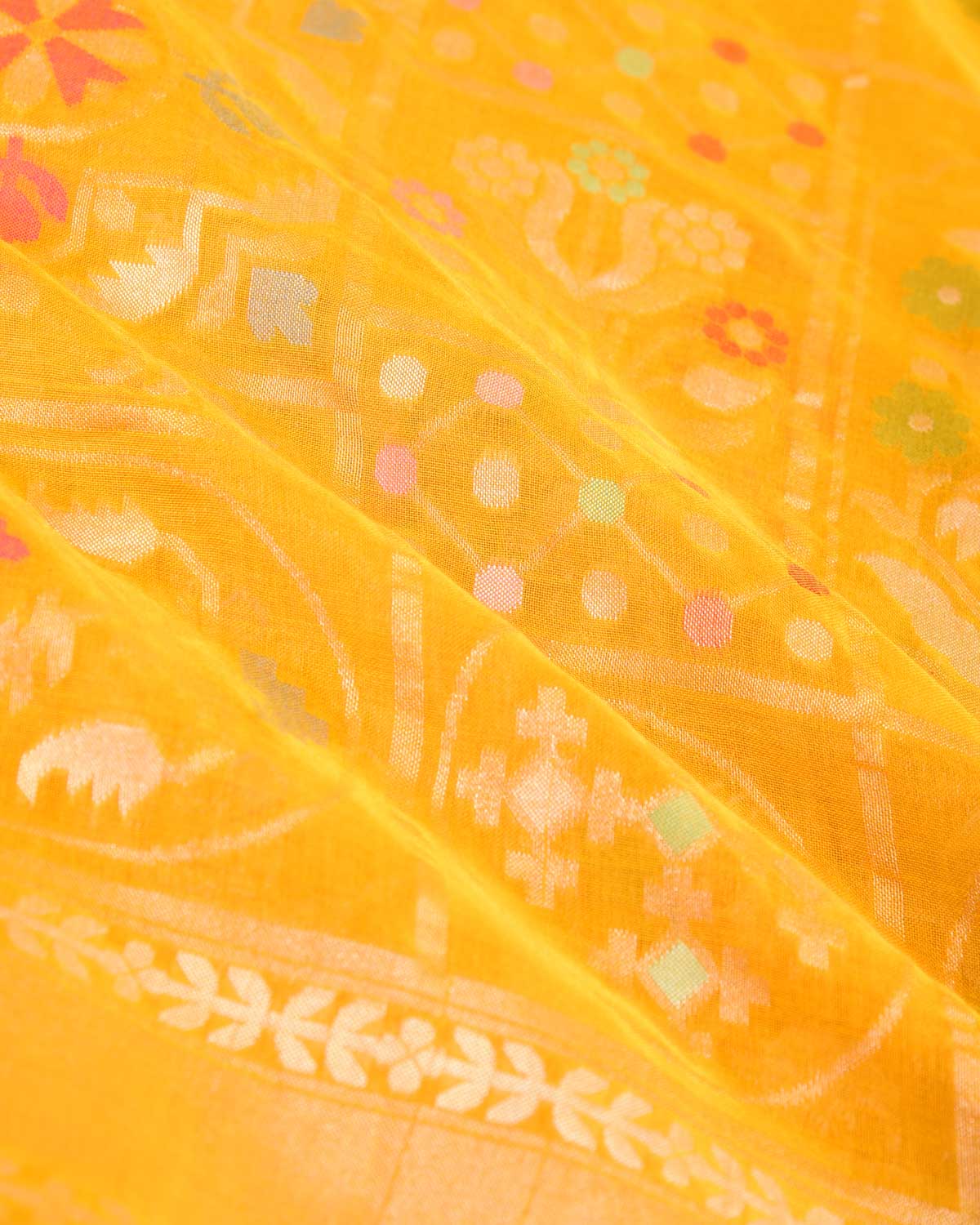 Marigold Yellow Pitambari Gold & Silver Zari & Meenekari Jaal Cutwork Brocade Handwoven Cotton Banarasi Saree