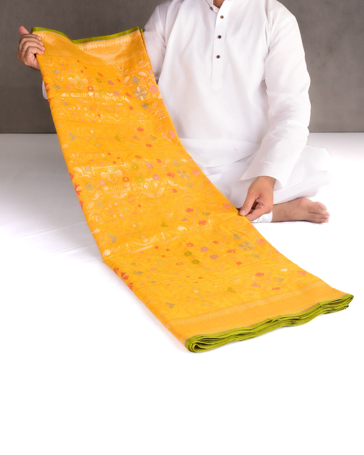 Marigold Yellow Pitambari Gold & Silver Zari & Meenekari Jaal Cutwork Brocade Handwoven Cotton Banarasi Saree