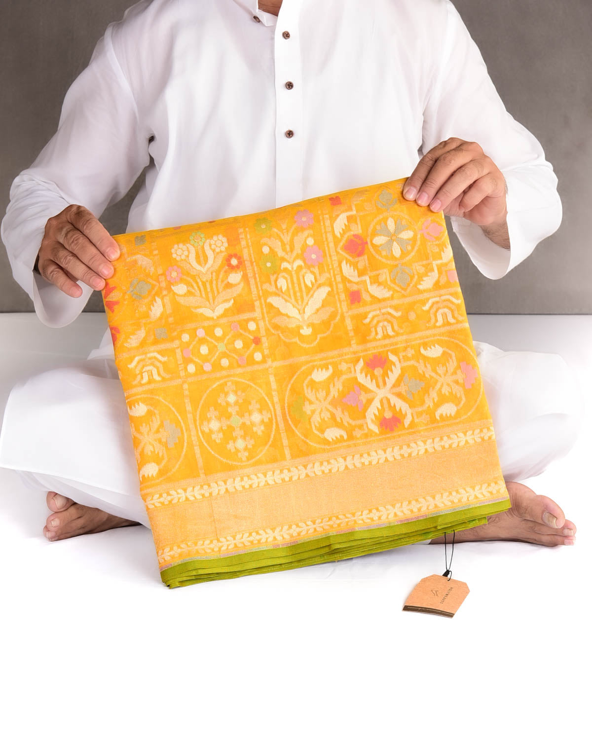 Marigold Yellow Pitambari Gold & Silver Zari & Meenekari Jaal Cutwork Brocade Handwoven Cotton Banarasi Saree