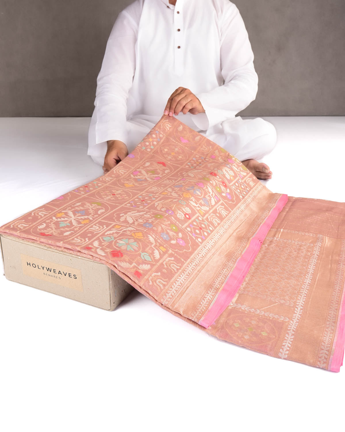 Rosy Brown Mrinalambari Resham And Zari Jamdani Ektara Cutwork Brocade Handwoven Cotton Banarasi Saree