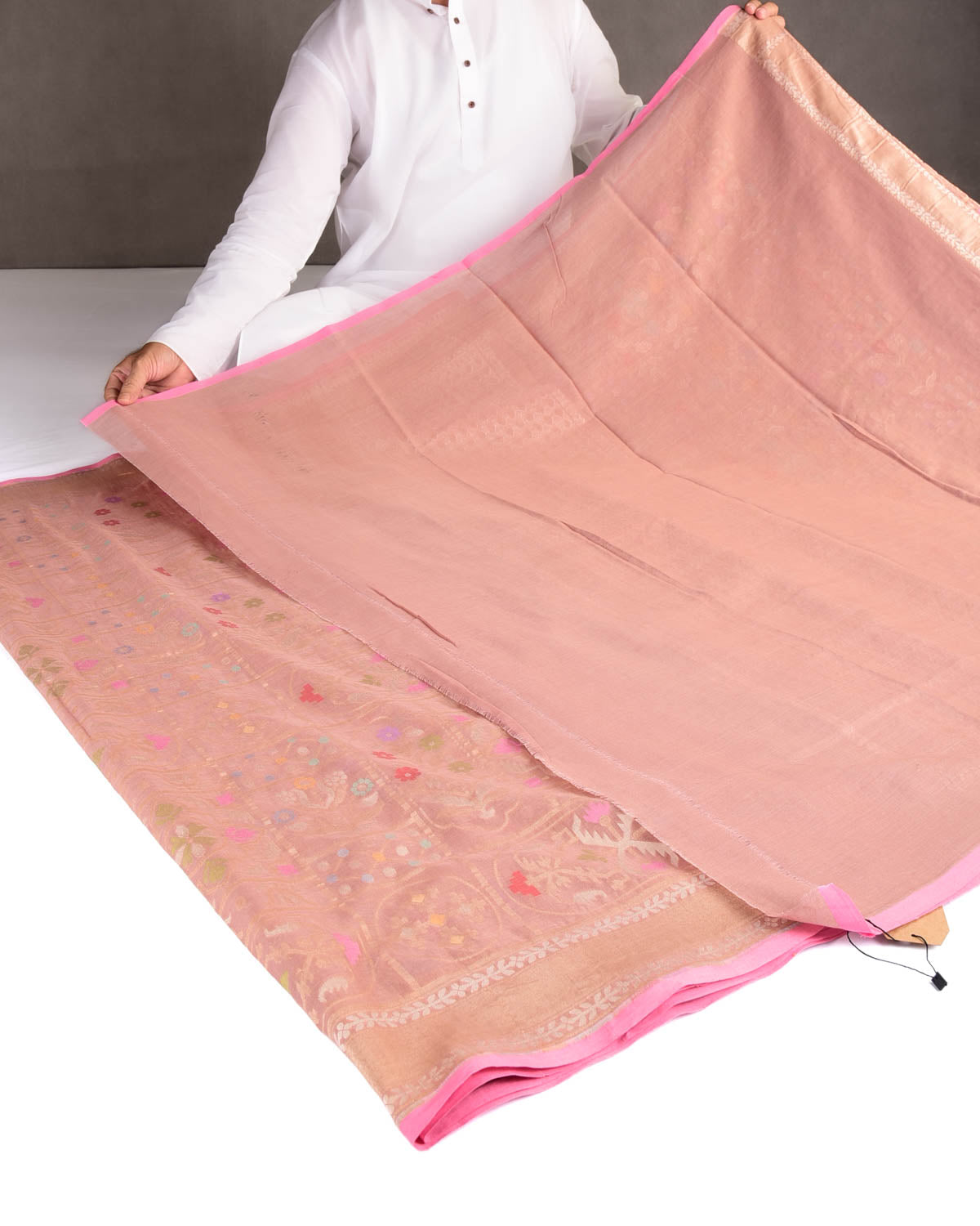 Rosy Brown Mrinalambari Resham And Zari Jamdani Ektara Cutwork Brocade Handwoven Cotton Banarasi Saree