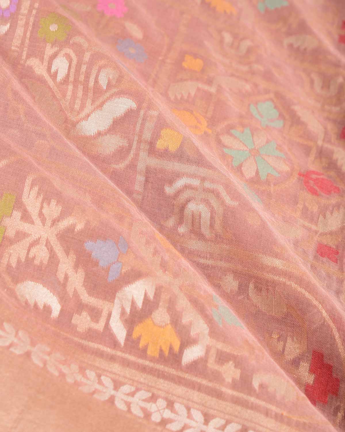 Rosy Brown Mrinalambari Resham And Zari Jamdani Ektara Cutwork Brocade Handwoven Cotton Banarasi Saree