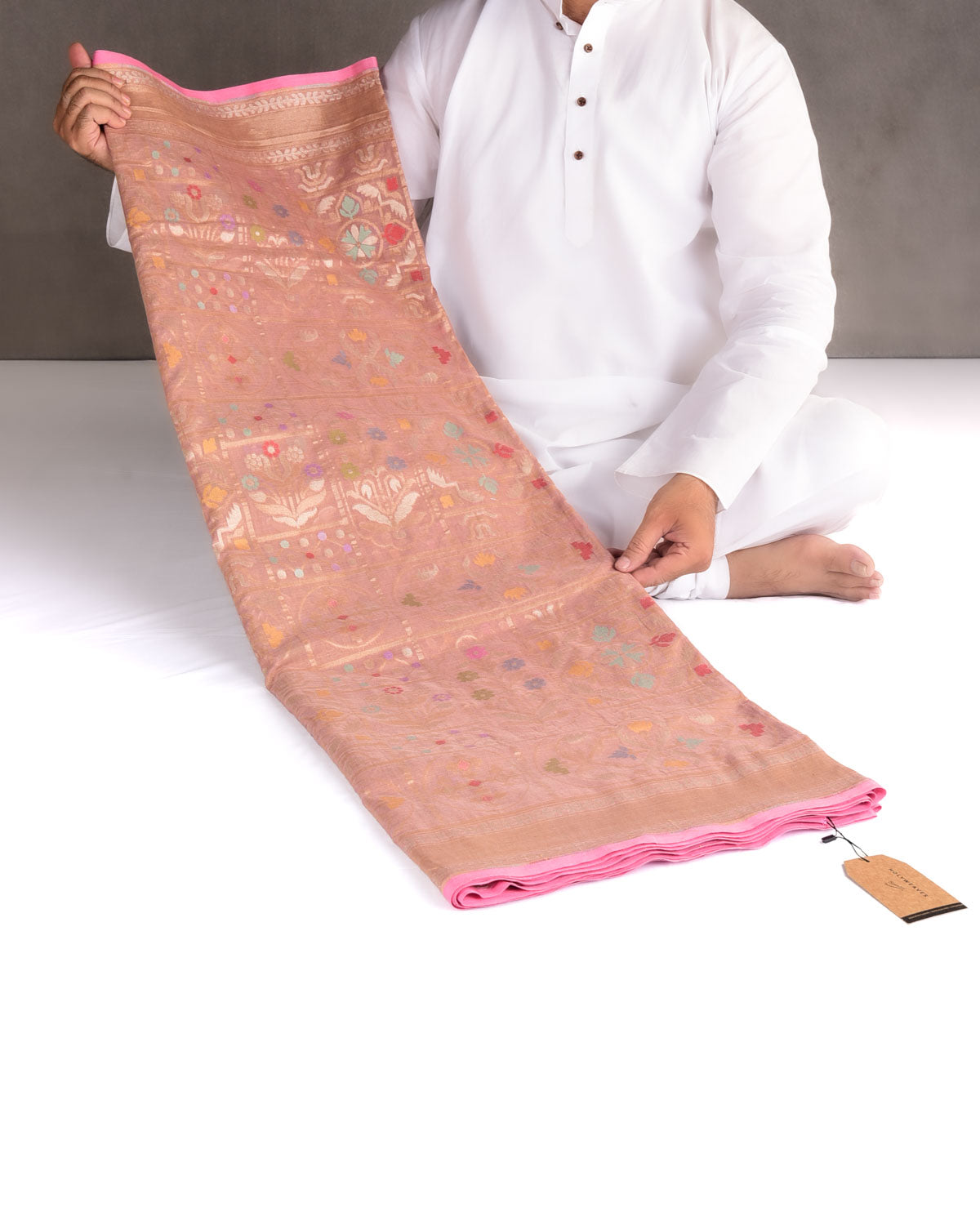 Rosy Brown Mrinalambari Resham And Zari Jamdani Ektara Cutwork Brocade Handwoven Cotton Banarasi Saree