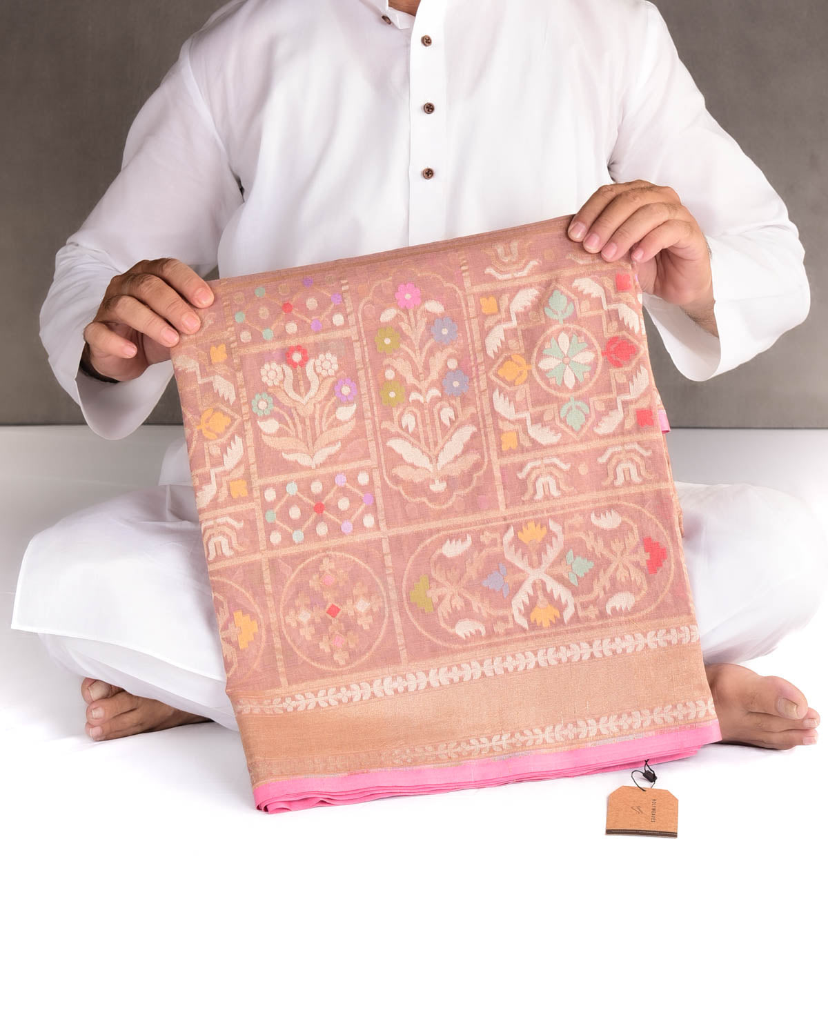Rosy Brown Mrinalambari Resham And Zari Jamdani Ektara Cutwork Brocade Handwoven Cotton Banarasi Saree