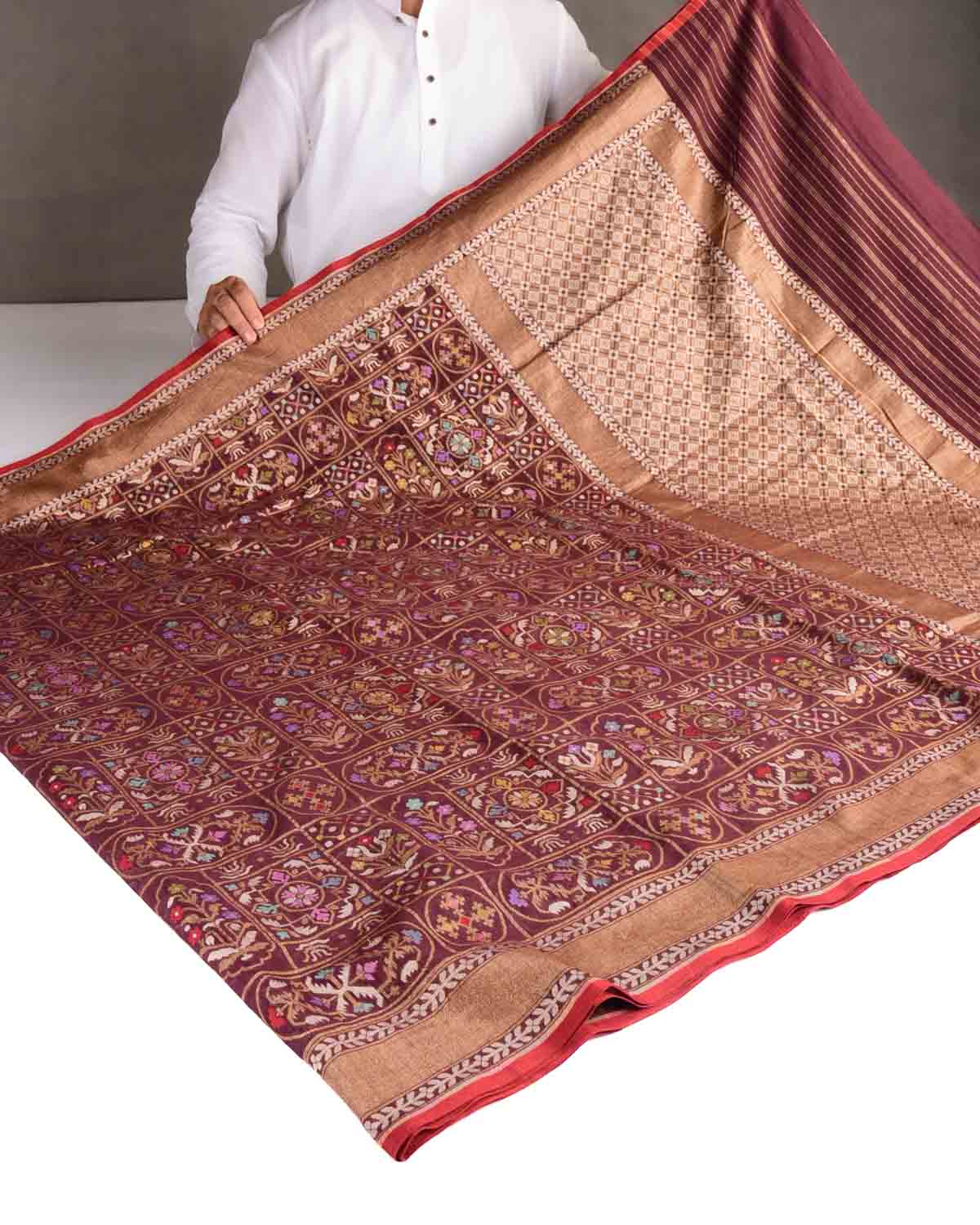 Brown Mrinalambari Resham And Zari Jamdani Ektara Cutwork Brocade Handwoven Cotton Banarasi Saree