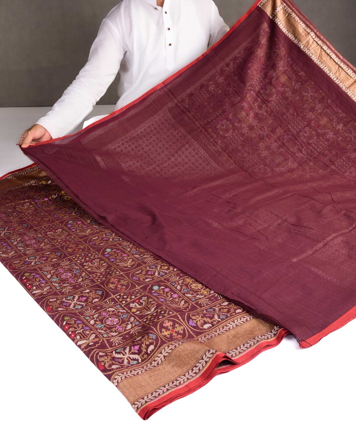 Brown Mrinalambari Resham And Zari Jamdani Ektara Cutwork Brocade Handwoven Cotton Banarasi Saree