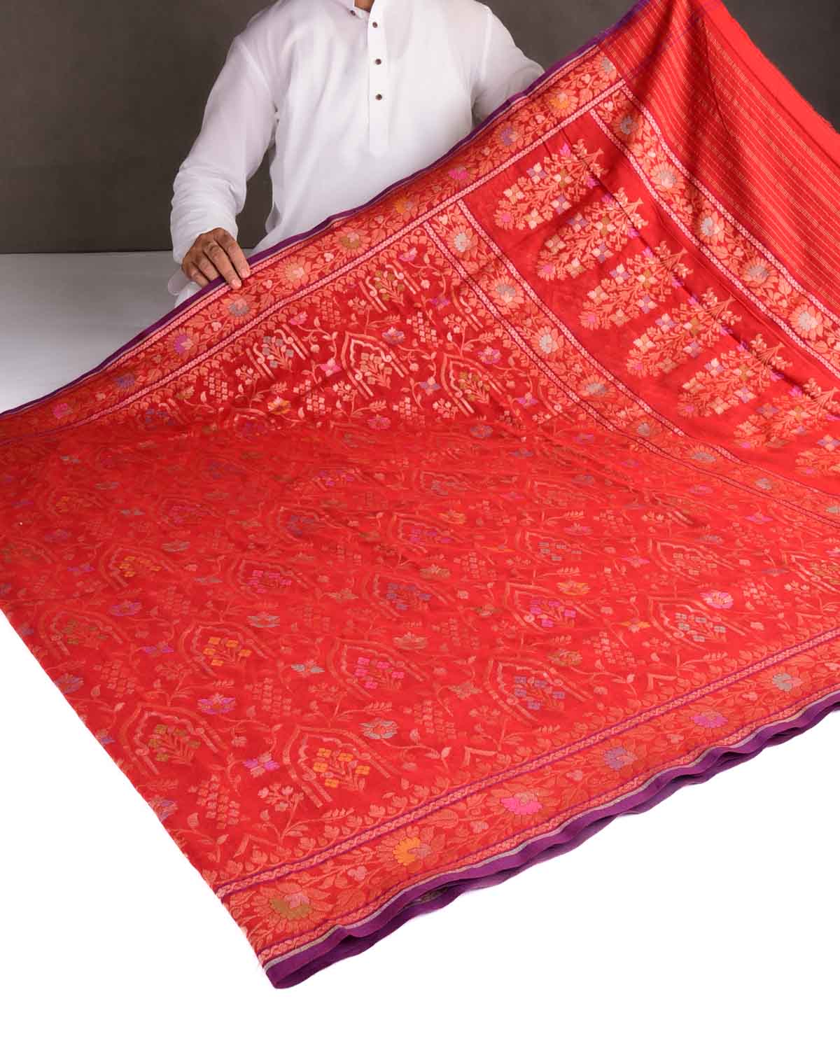 Red Raktambari Gold & Silver Zari & Meenekari Jaal Cutwork Brocade Handwoven Cotton Banarasi Saree