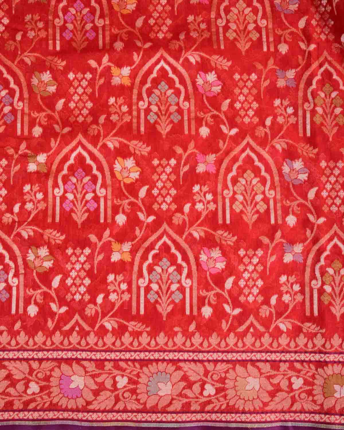 Red Raktambari Gold & Silver Zari & Meenekari Jaal Cutwork Brocade Handwoven Cotton Banarasi Saree