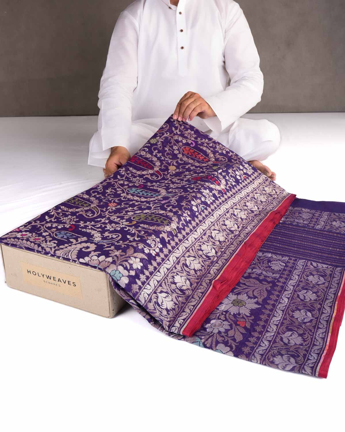 Purple Nilambari Gold & Silver Zari & Meenekari Paisley Jaal Cutwork Brocade Handwoven Cotton Banarasi Saree