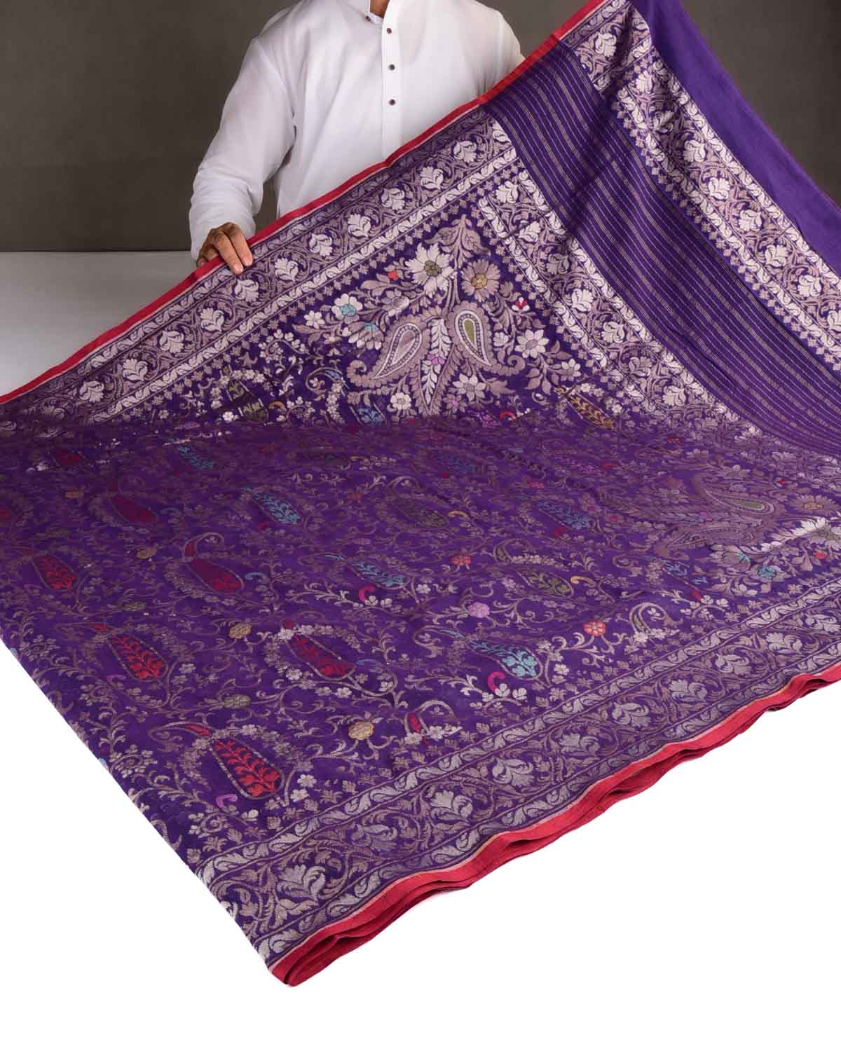 Purple Nilambari Gold & Silver Zari & Meenekari Paisley Jaal Cutwork Brocade Handwoven Cotton Banarasi Saree