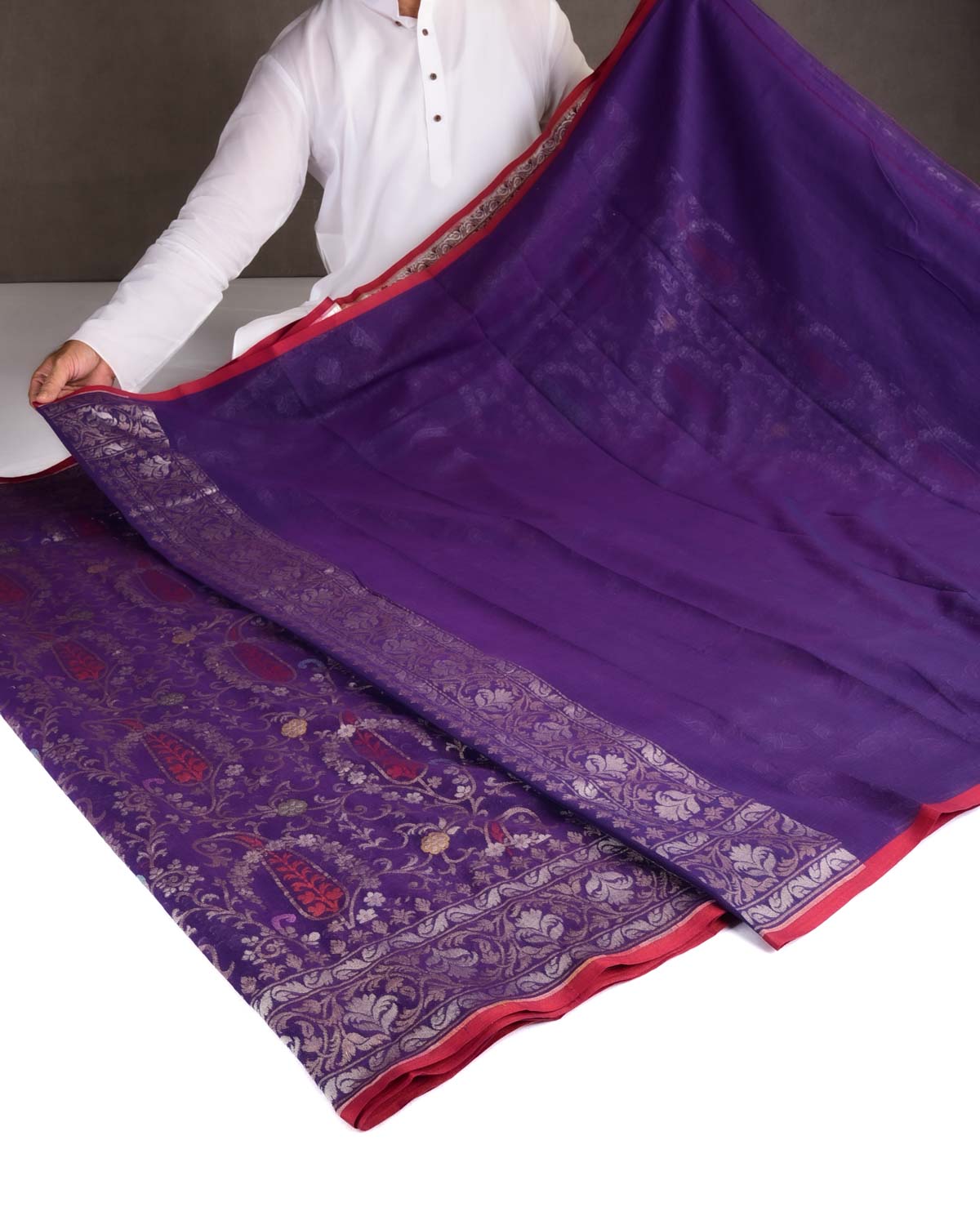 Purple Nilambari Gold & Silver Zari & Meenekari Paisley Jaal Cutwork Brocade Handwoven Cotton Banarasi Saree