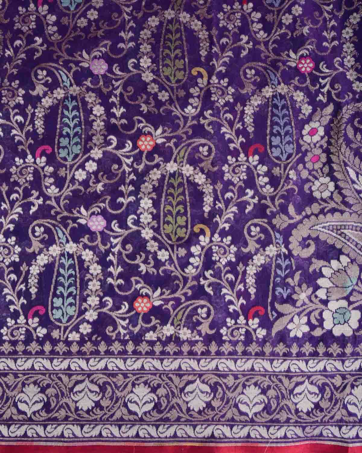 Purple Nilambari Gold & Silver Zari & Meenekari Paisley Jaal Cutwork Brocade Handwoven Cotton Banarasi Saree