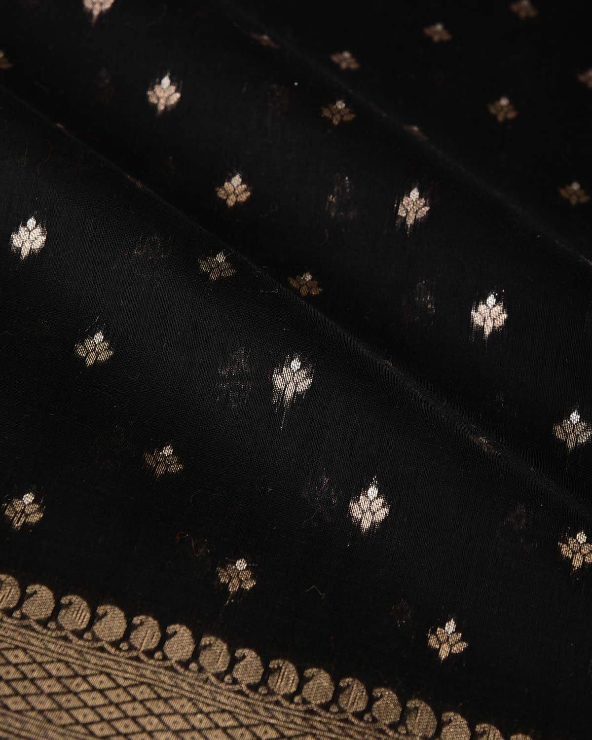 Black Gold & Silver Zari Buti Cutwork Brocade Woven Cotton Silk Banarasi Saree