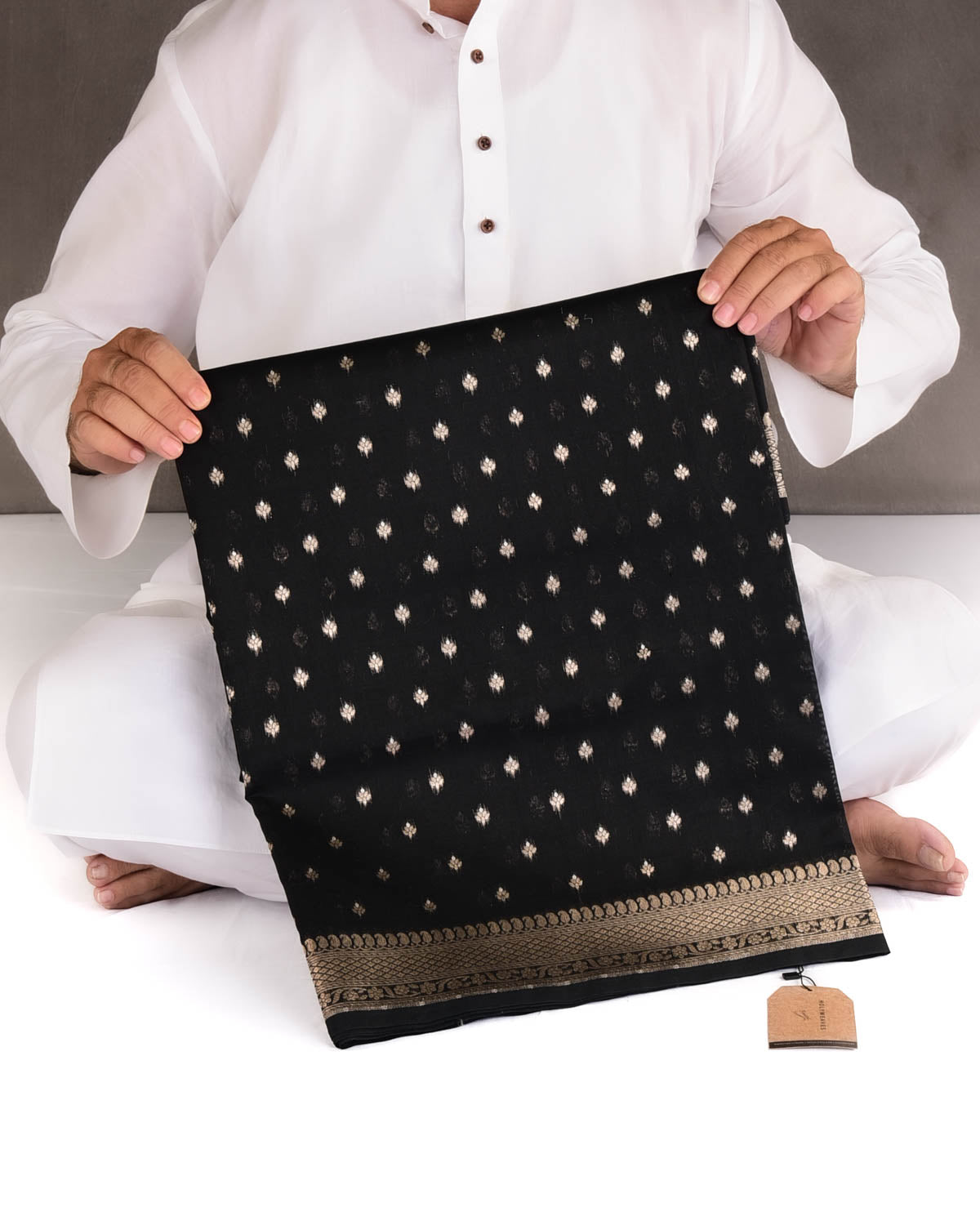 Black Gold & Silver Zari Buti Cutwork Brocade Woven Cotton Silk Banarasi Saree