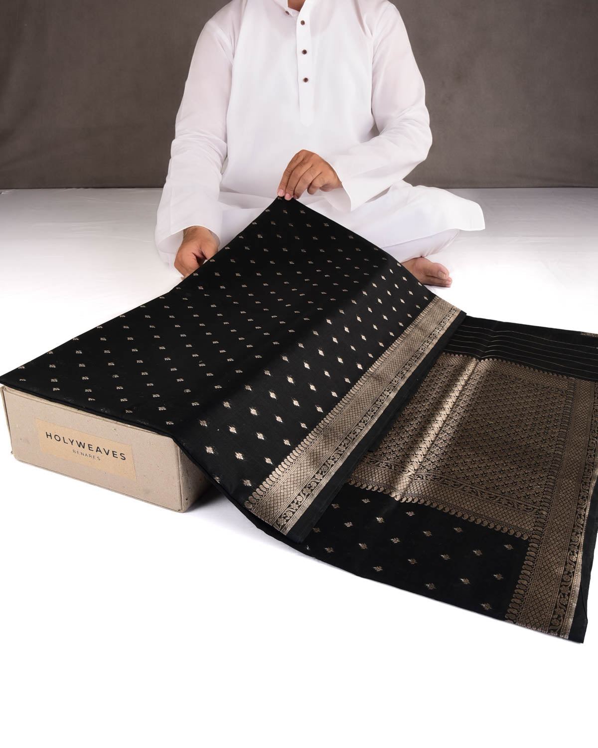 Black Gold & Silver Zari Buti Cutwork Brocade Woven Cotton Silk Banarasi Saree