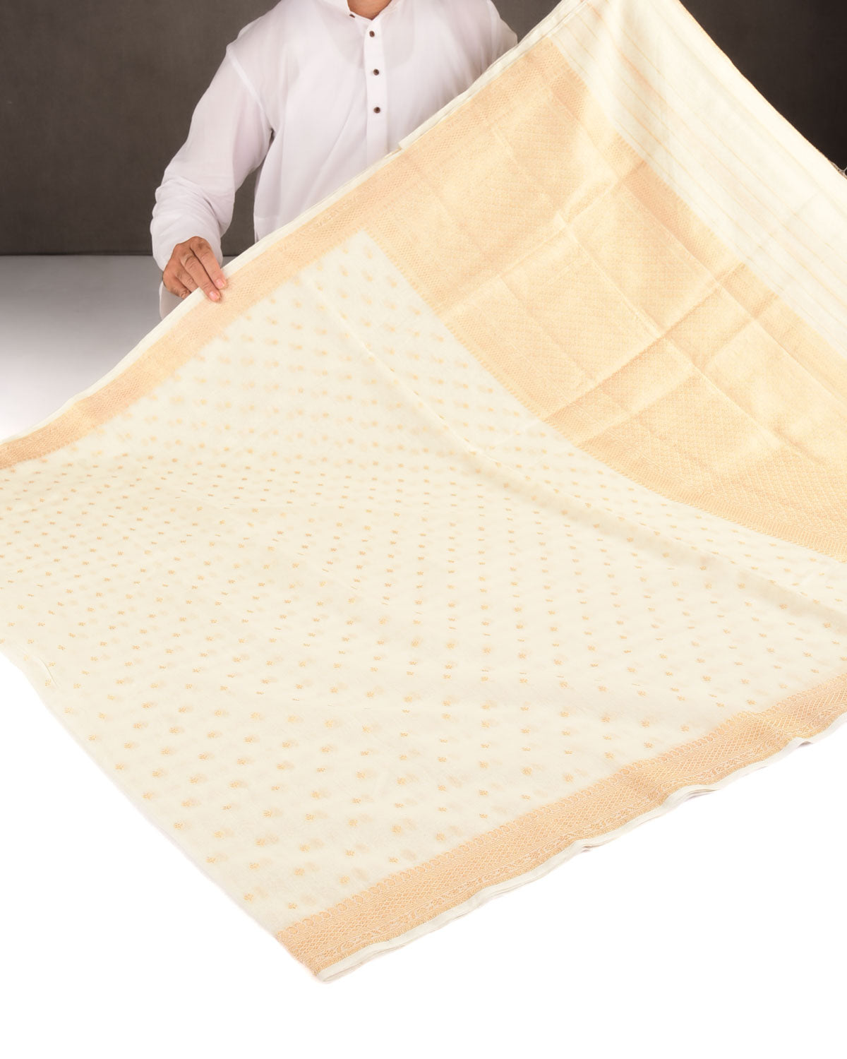 Ivory White Gold & Silver Zari Buti Cutwork Brocade Woven Cotton Silk Banarasi Saree-HolyWeaves