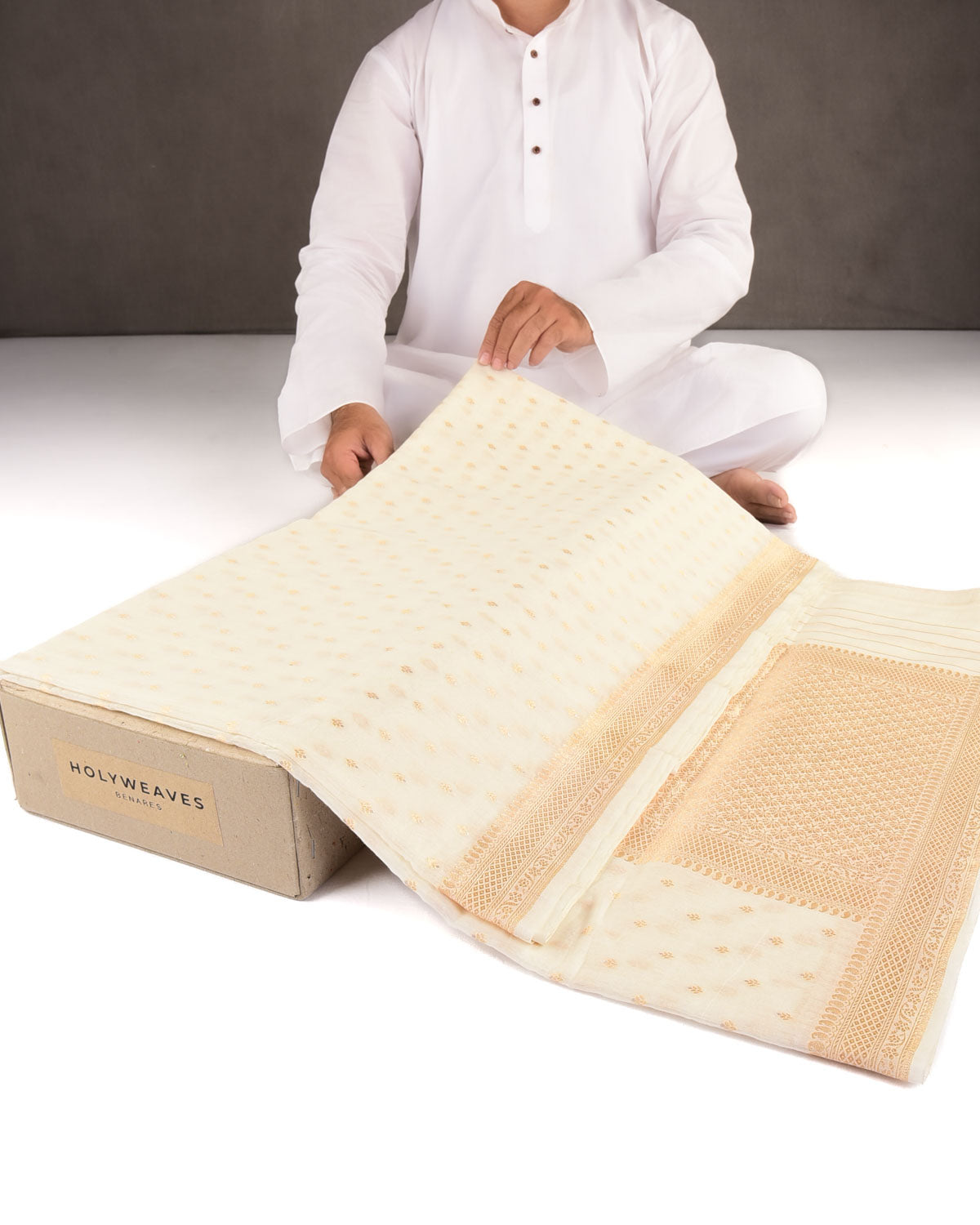 Ivory White Gold & Silver Zari Buti Cutwork Brocade Woven Cotton Silk Banarasi Saree-HolyWeaves