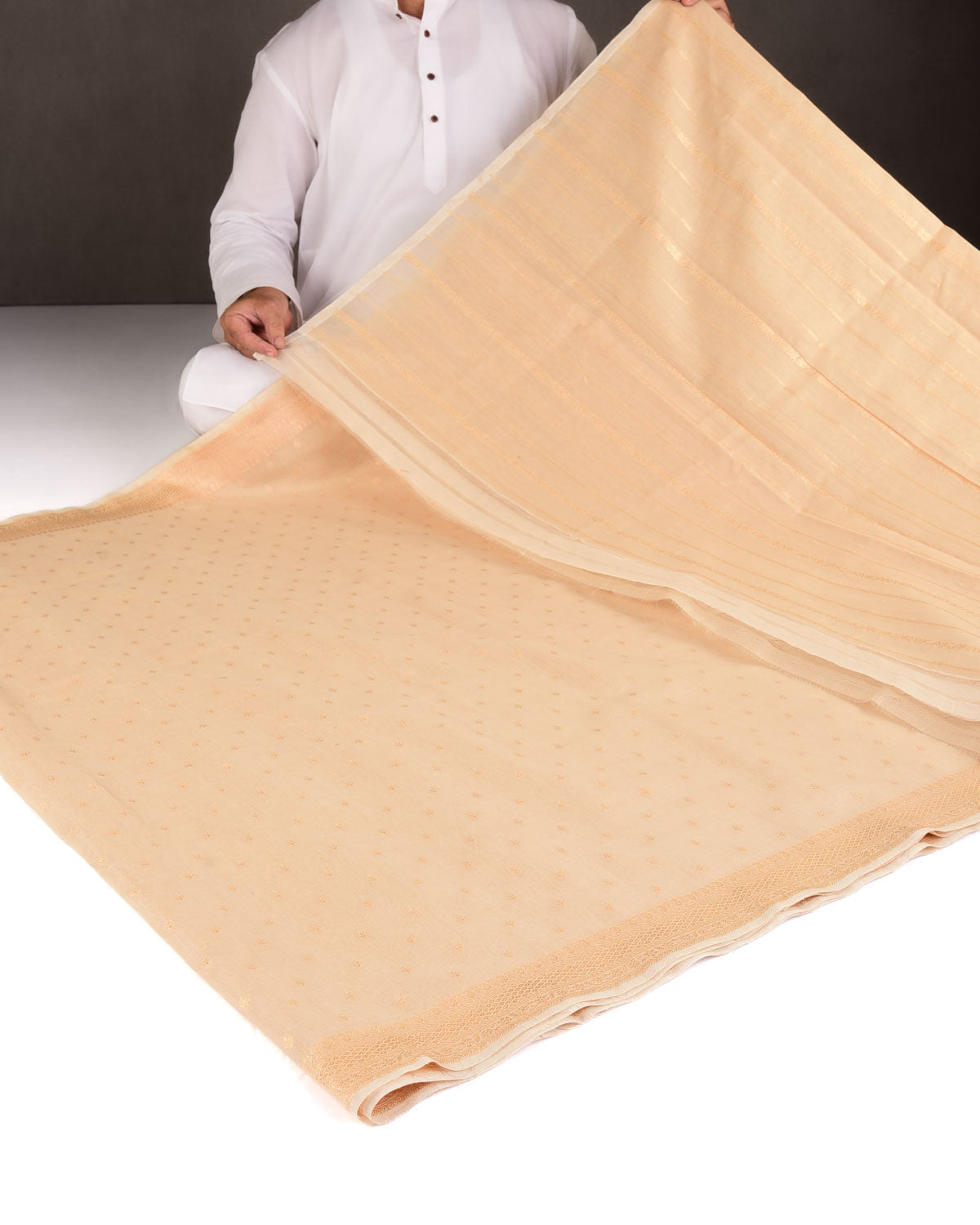 Beige Gold & Silver Zari Buti Cutwork Brocade Woven Cotton Silk Banarasi Saree
