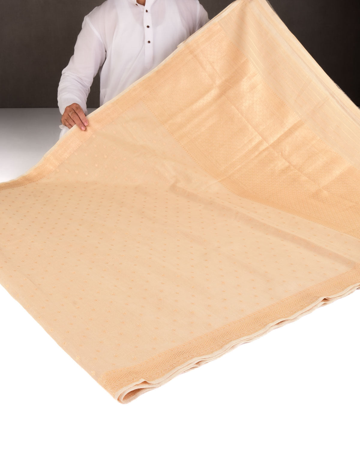 Beige Gold & Silver Zari Buti Cutwork Brocade Woven Cotton Silk Banarasi Saree