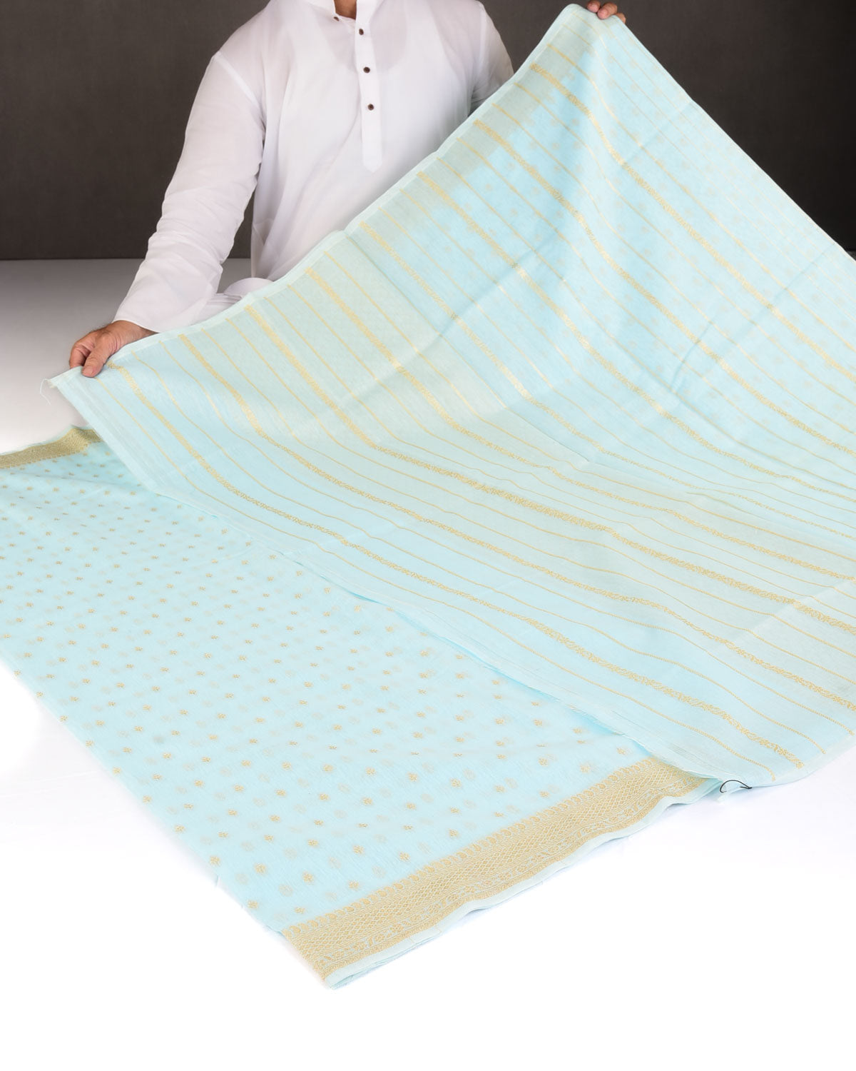 Ferozi Gold & Silver Zari Buti Cutwork Brocade Woven Cotton Silk Banarasi Saree