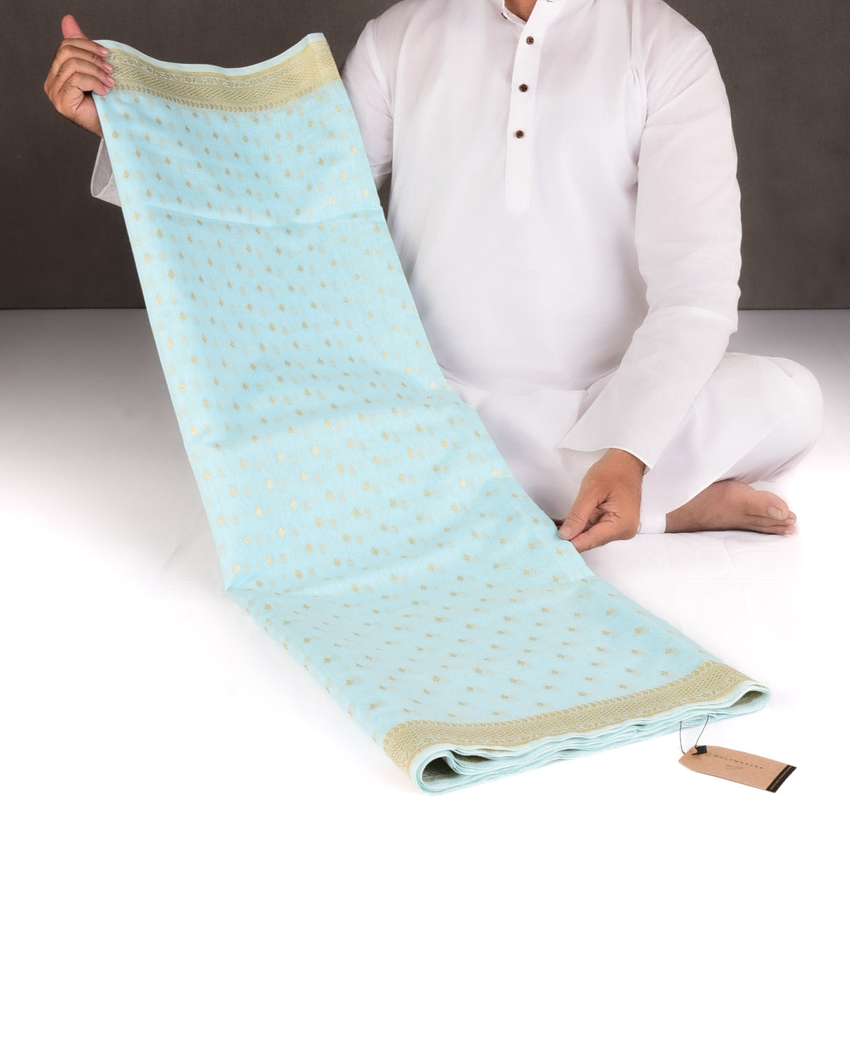 Ferozi Gold & Silver Zari Buti Cutwork Brocade Woven Cotton Silk Banarasi Saree