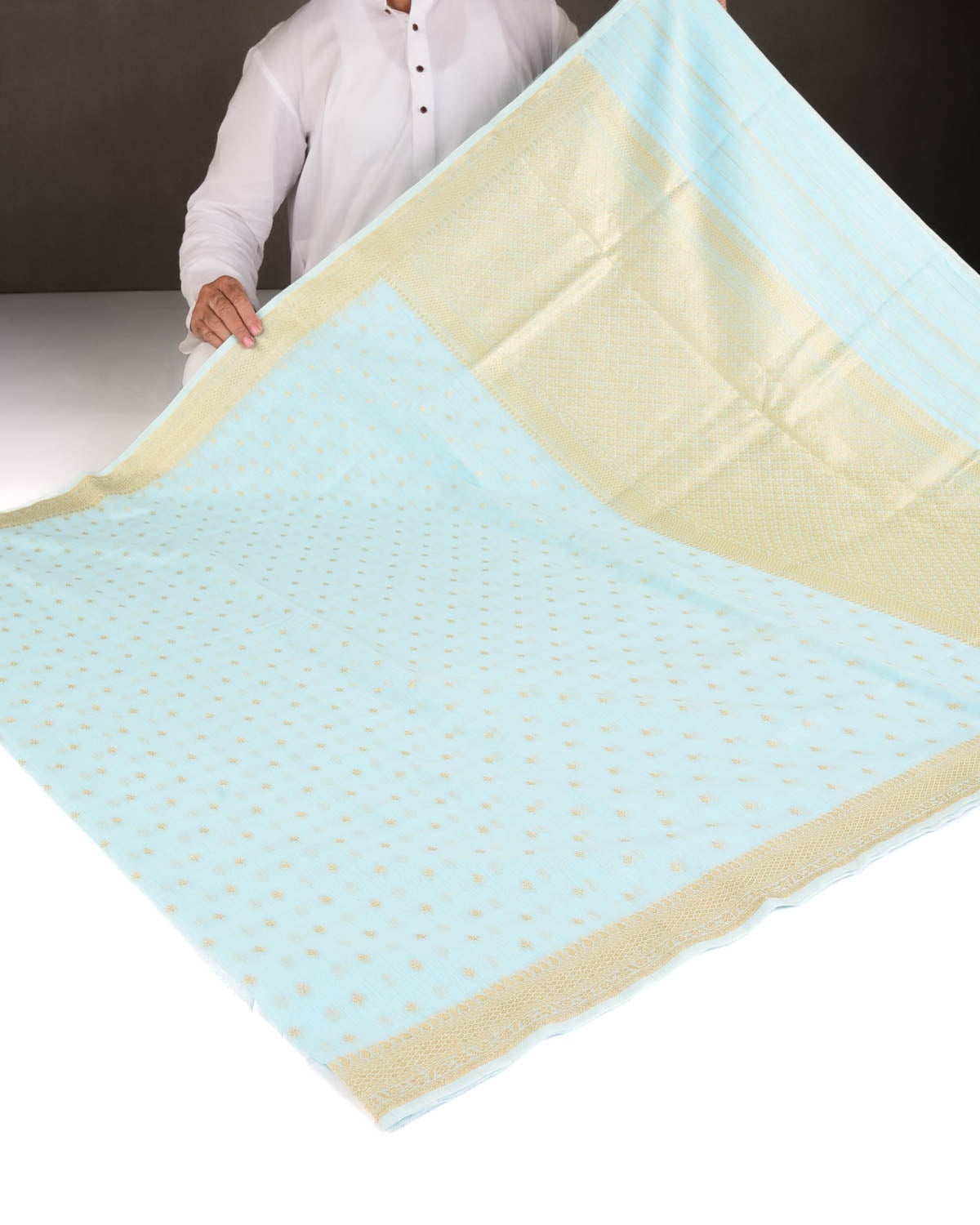 Ferozi Gold & Silver Zari Buti Cutwork Brocade Woven Cotton Silk Banarasi Saree