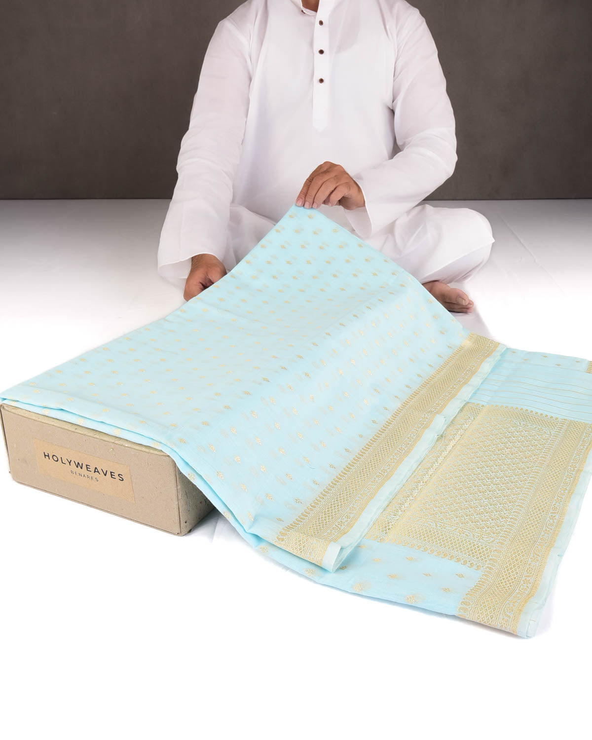 Ferozi Gold & Silver Zari Buti Cutwork Brocade Woven Cotton Silk Banarasi Saree